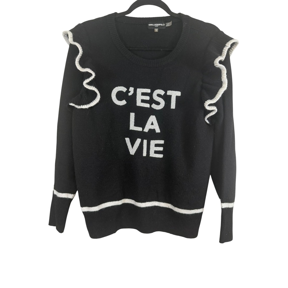 Karl Lagerfeld Paris C'EST LA VIE Sequin Ruffle Sweater Black XL